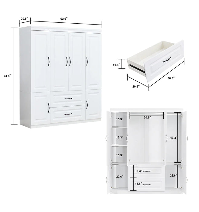 YG-15 74" H White Solid Wood Freestanding Wardrobe