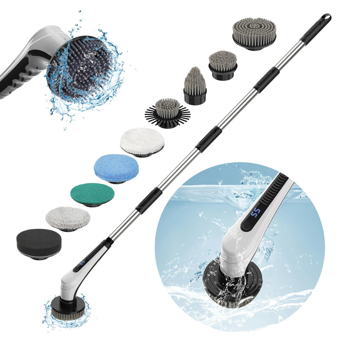 Electric Spin ScrubberShower Scrubber with Long HandleShower Cleaning Brush with 10 Replaceable Brush Heads Power Scrubber 2 Adjustable SpeedsIP68 Waterproof