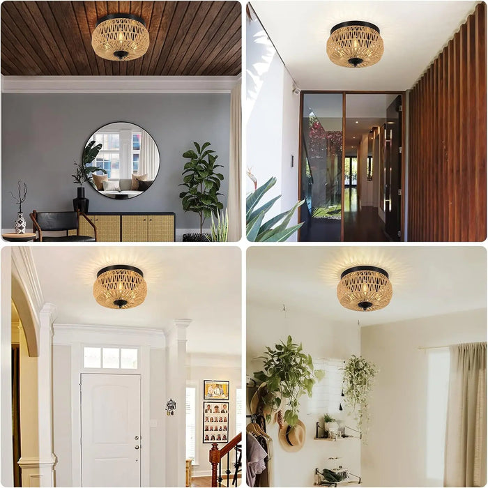 3 Lamp Woven Rattan Recessed Chandelier Lamp