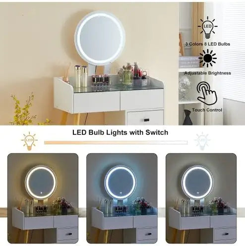 Dressing Table With LED Lights Glass Top Dressing