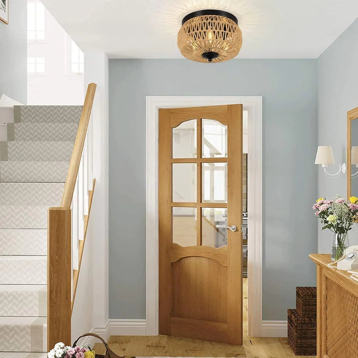 3 Lamp Woven Rattan Recessed Chandelier Lamp