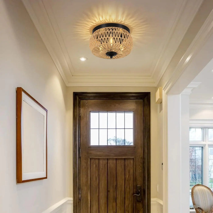 3 Lamp Woven Rattan Recessed Chandelier Lamp