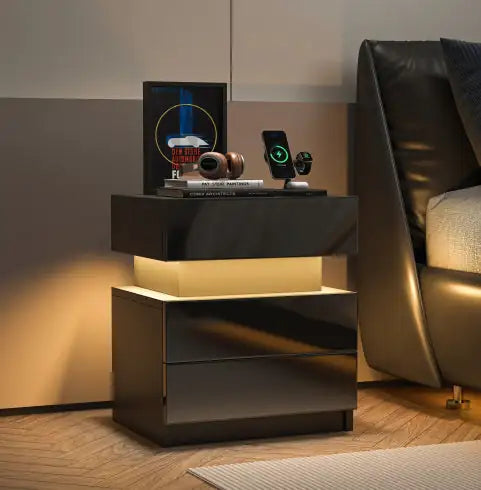NEW LED Nightstand Modern Black Nightstand With Led Lights Wood Led Bedside Table Nightstand