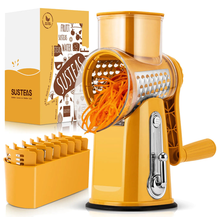 SUSTEAS Rotary Cheese Grater with Handle - Vegetable Shredder with 5 Well-designed Blades & Strong Suction BaseRound Mandoline Slicer & Food Chopper