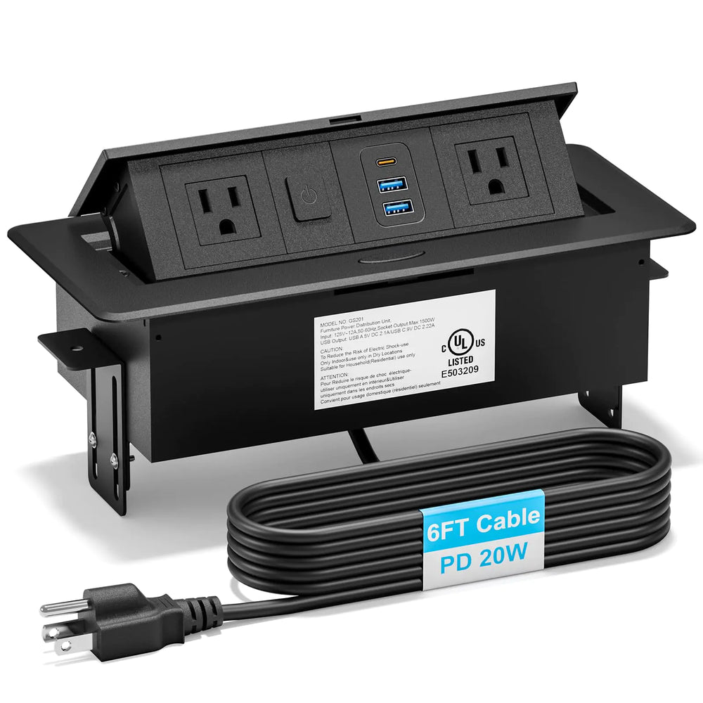 Recessed Power Strip with 2 AC 2 USB-A USB-C Ports Pop Up Power Outlet with PD 20W USB C Fast Charger Receptacle Outlet with Switch and 6FT Power Cord