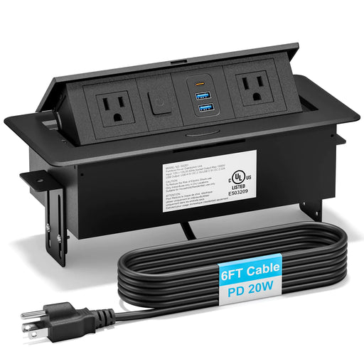 Recessed Power Strip with 2 AC 2 USB-A USB-C Ports Pop Up Power Outlet with PD 20W USB C Fast Charger Receptacle Outlet with Switch and 6FT Power Cord