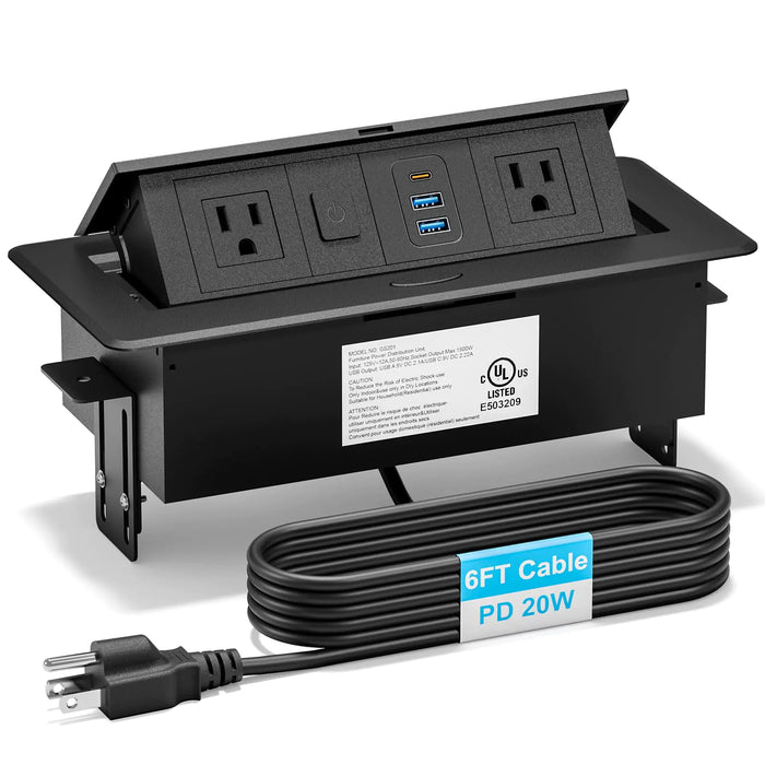 Recessed Power Strip with 2 AC 2 USB-A USB-C Ports Pop Up Power Outlet with PD 20W USB C Fast Charger Receptacle Outlet with Switch and 6FT Power Cord