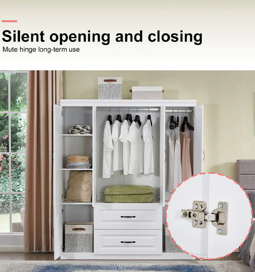 YG-15 74" H White Solid Wood Freestanding Wardrobe Closet for Clothes Storage. Bedroom Wardrobe Storage Cabinet featuring 2 Hanging Rod Shelves, 2 Drawers