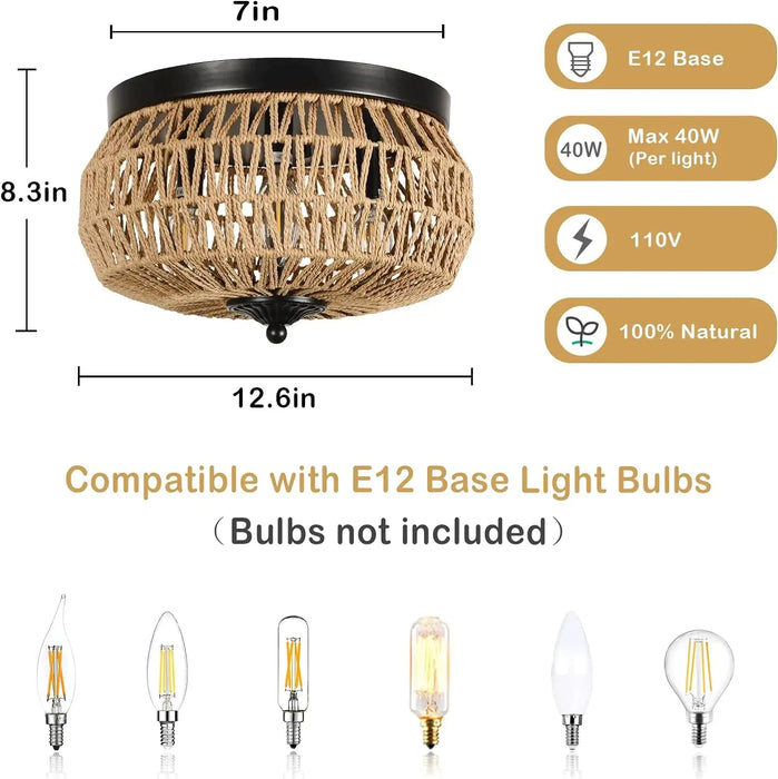 3 Lamp Woven Rattan Recessed Chandelier Lamp