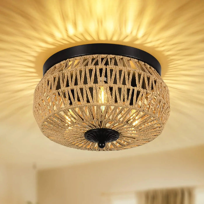 3 Lamp Woven Rattan Recessed Chandelier Lamp