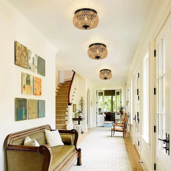3 Lamp Woven Rattan Recessed Chandelier Lamp