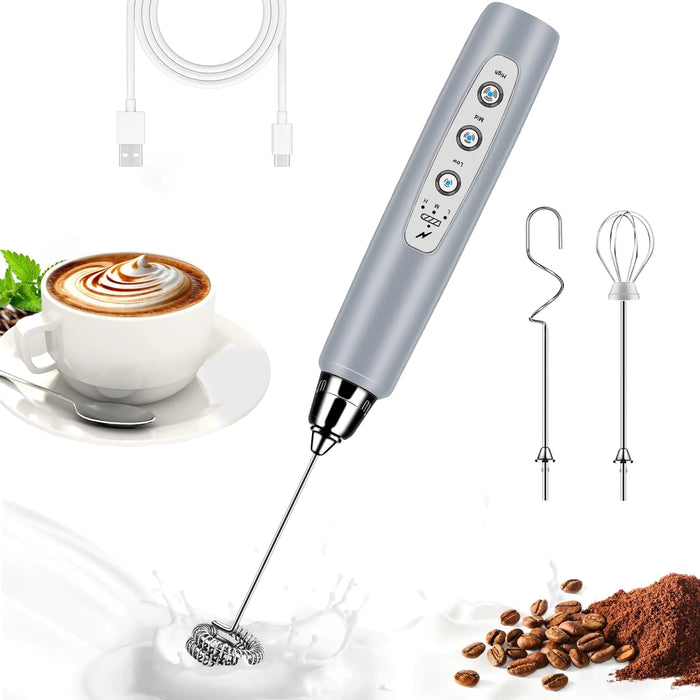 BSRGMS Milk Frother Handheld for Coffee Electric Whisk 3 Speed Adjustable Drink Mixer with Stainless 3 Whisks Rechargeable Hand Frother Wand Foam Maker
